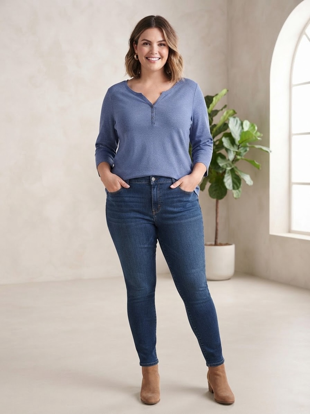 Karen Scott Long-Sleeve Henley Top in Dusty Blue